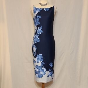 Donna Karan Elegant Blue Floral Print Sheath Dress